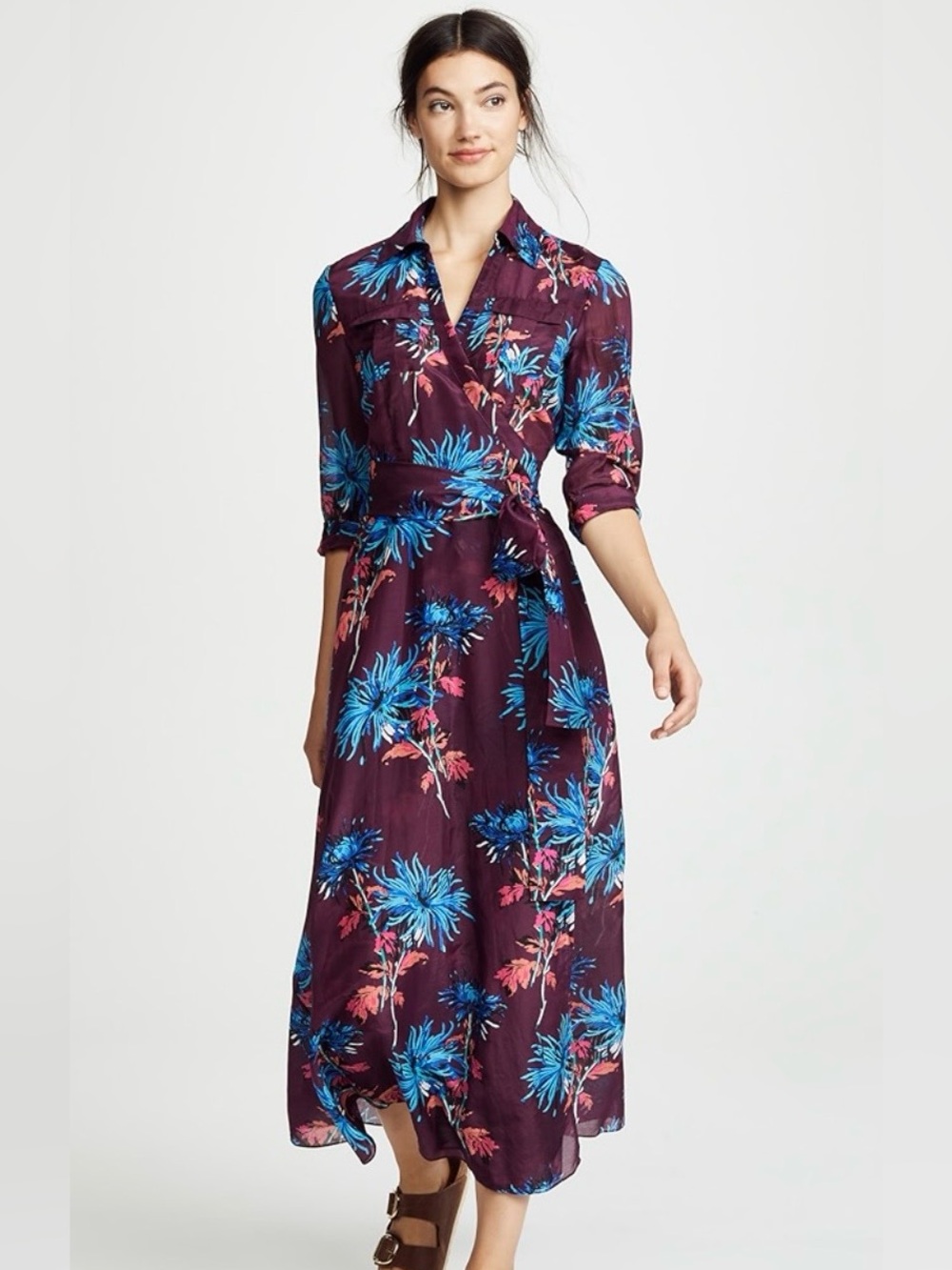 DVF West Floral Cotton Silk Wrap Maxi Dress Size M + Custom Hair Clip